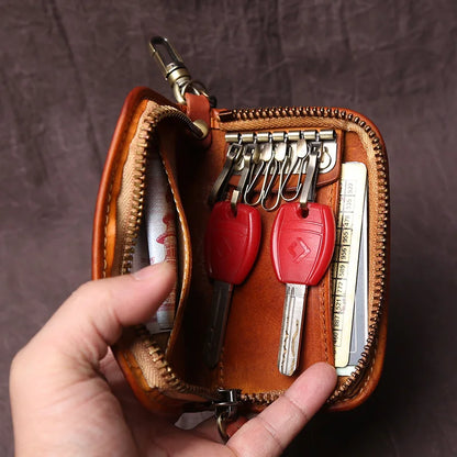 Men's Leather Key Bag, The First LayerOf Cowhide, Ladies' Purse, Multi-functional Vintage Vegetable Tanned Leather ID Bag.
