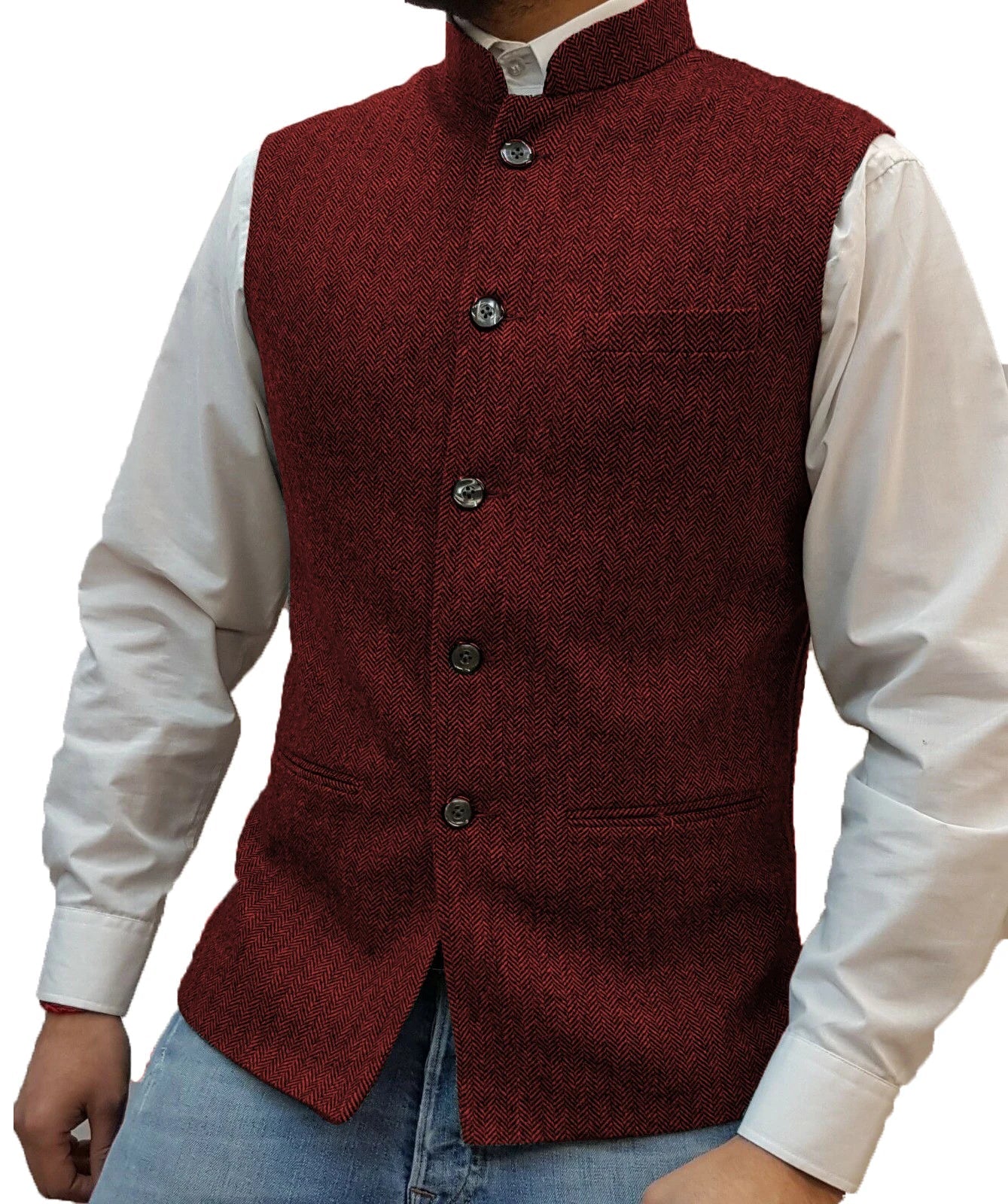 Men's Suit Vest Elegant Sleeveless Stand Collar Business Button Slim Fit Herringbone Waistcoat For Wedding