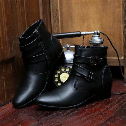 Fashion Men Spring Autumn Pointed Toe Height Increase Chelsea Ankle Boots Western High Top Casual Shoe PU Leather