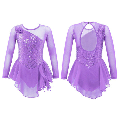 Girls Figure Ice Skating Dress Sparkly Sequin Gymnastics Dance Ballet Tutu Leotard Kids Long Sleeve Mesh Splice Dance Costume