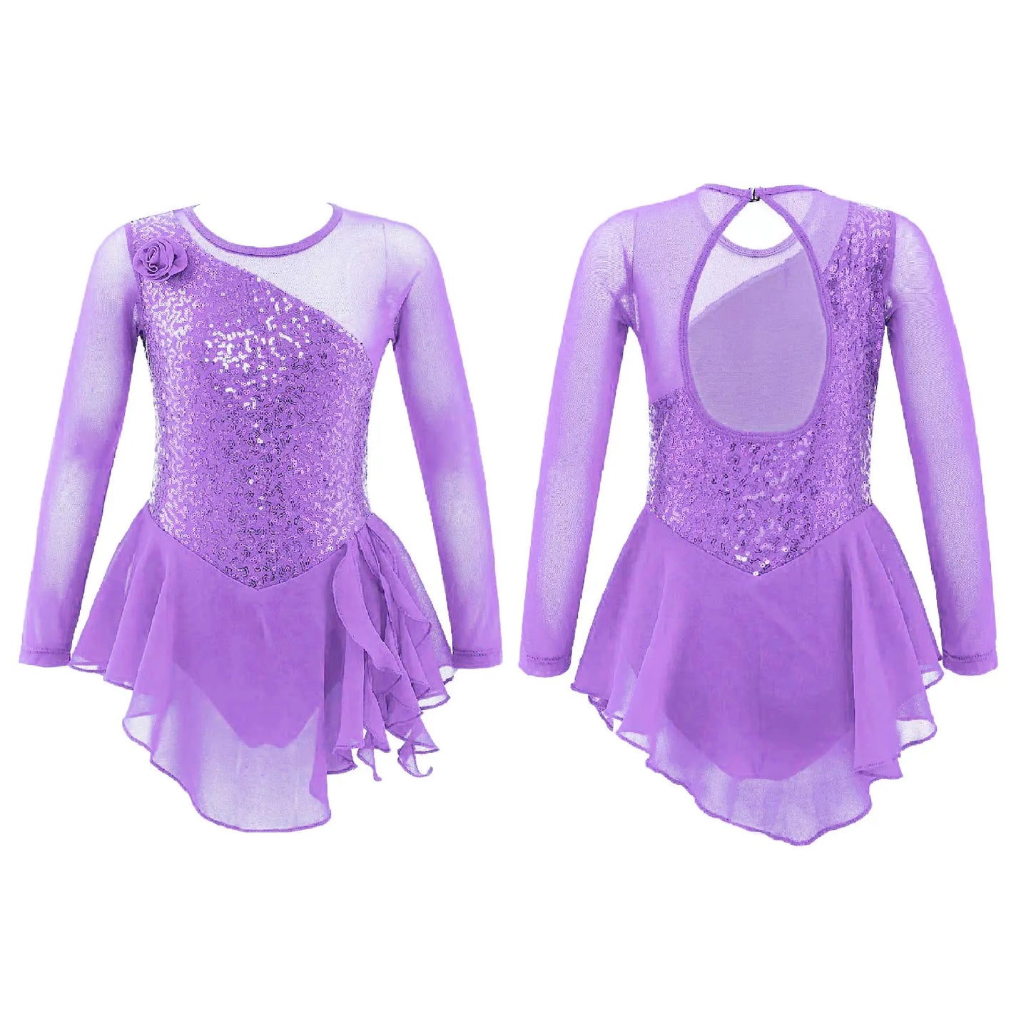 Girls Figure Ice Skating Dress Sparkly Sequin Gymnastics Dance Ballet Tutu Leotard Kids Long Sleeve Mesh Splice Dance Costume