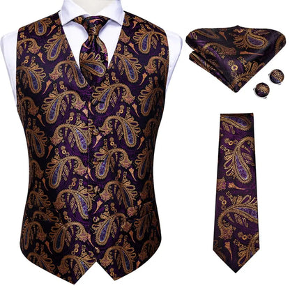 Silk Mens Vests Sleeveless Waist Jacket Jacquard Black Orange Floral Waistcoat Tie Hanky Cufflinks Set for Men Casual XXL