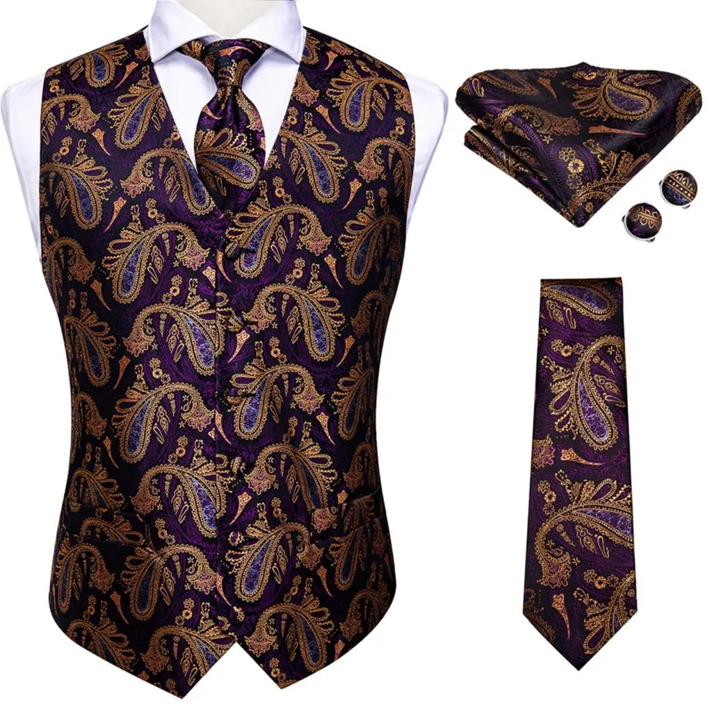 Fashion Silk Vest For Men Classic Gold Champane Yellow Waistcoat Jacket Tie Hankerchief Cufflinks Sets Dress Suit Wedding Hi-Tie