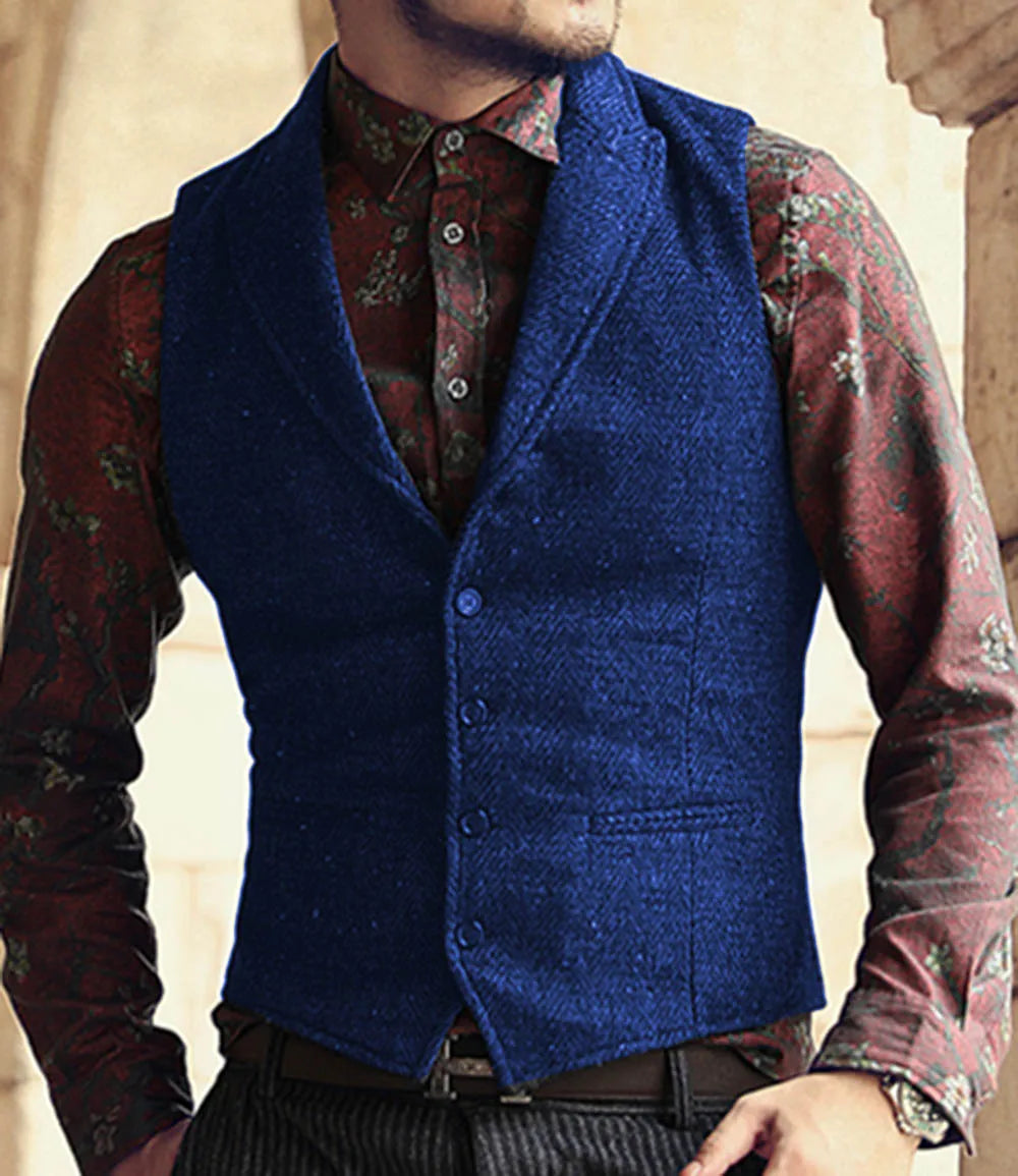 Men's Classic Suit Vest Herringbone Pattern Business Waistcoat Notch Lapel Wool Tweed Groomsmen Waistcoat For Wedding