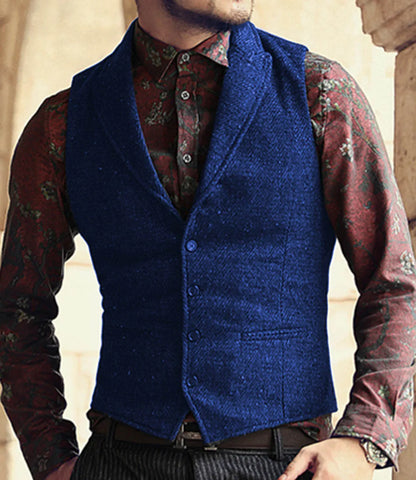 Men's Classic Suit Vest Herringbone Pattern Business Waistcoat Notch Lapel Wool Tweed Groomsmen Waistcoat For Wedding