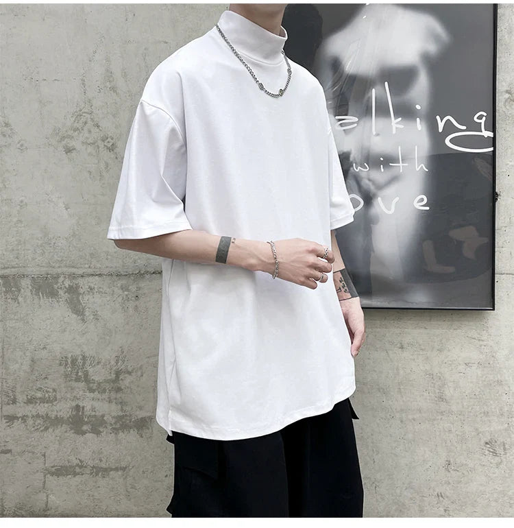 Streetwear Turtleneck Men Tshirt Solid Hip Hop Male Oversized T Shirts Man Casual Short Sleeve Top Tees Black/White/Purple