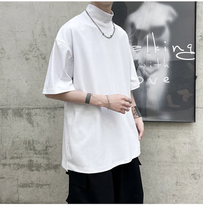 Streetwear Turtleneck Men Tshirt Solid Hip Hop Male Oversized T Shirts Man Casual Short Sleeve Top Tees Black/White/Purple
