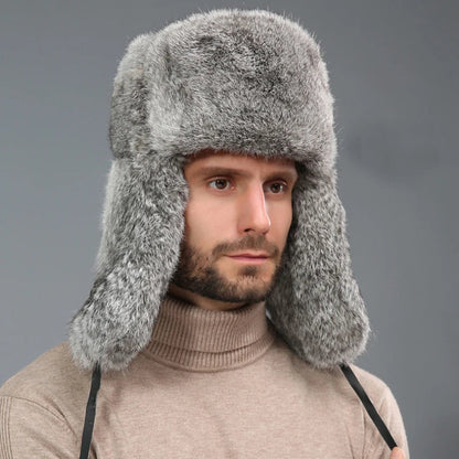 Thick Warm Trapper Hat Men Real Rabbit Fur Earflap Russian Cap Male Plus Size Winter Hats for Men Ski Russian Hat