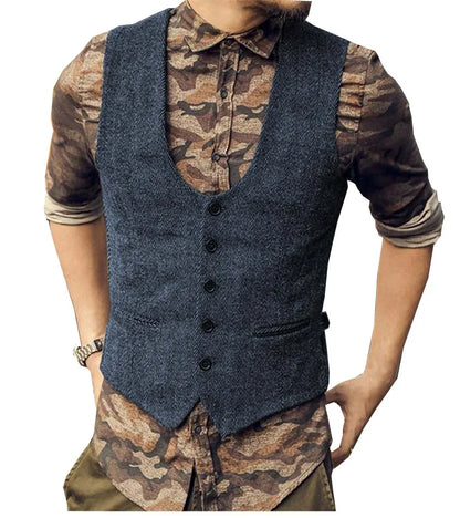 2022 Brown Men's Casual Herringbone Pattern Suit Vest Wool/Tweed Suit Vest U-neck Waistcoat Groomsmen For Wedding