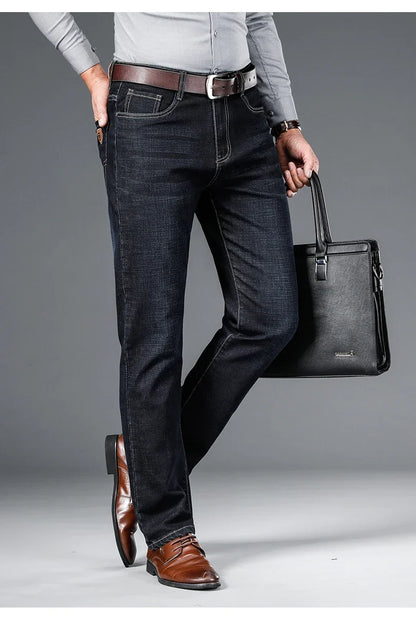 2024 autumn spring fitted straight stretch denim jeans classic style badge youth men's business casual jeans trousers