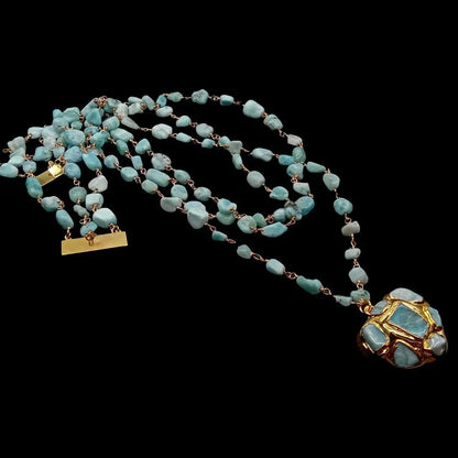 YYGEM 3 Strands Natural Blue Larimar Rosary Chain Necklace Heart-Shaped Larimar Pendant Statement Necklace for Women 18''