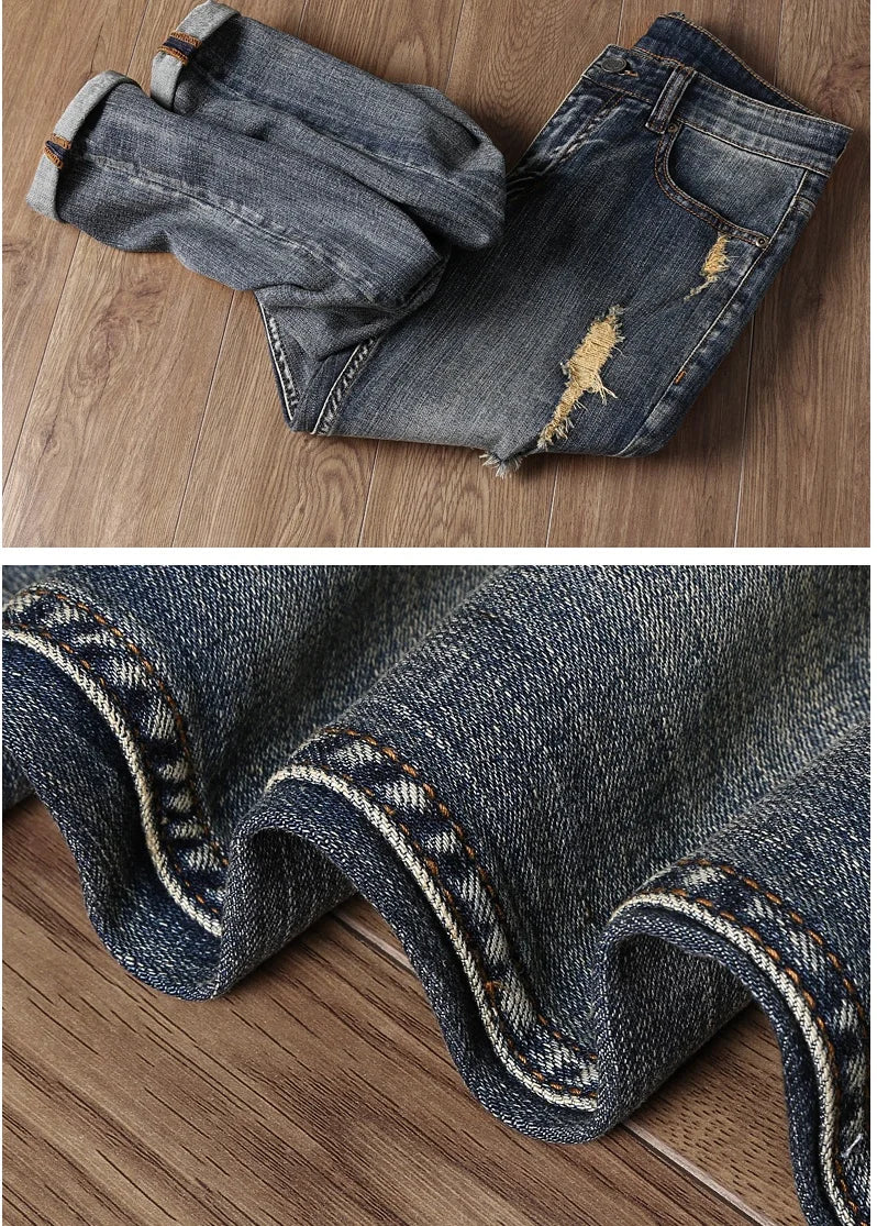 Indian Avatar Embroidered Jeans Men Scratch Long Cracks High Street Pants Soft Red Ears Blue Grey Slim 2020 Western Style