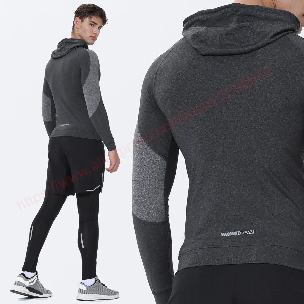 Men Running Sports Jackets Gym Training Zipper Slim Hiking Sweatshirts Comfortable Elastic Quick Dry Fitness Long Sleeve Hooded