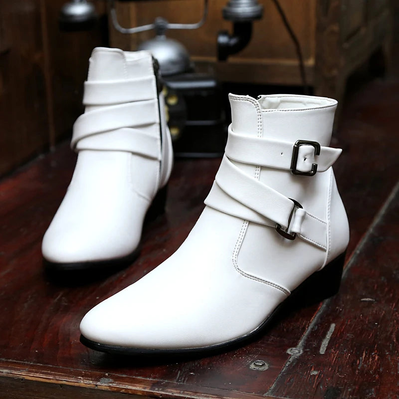 Fashion Men Spring Autumn Pointed Toe Height Increase Chelsea Ankle Boots Western High Top Casual Shoe PU Leather