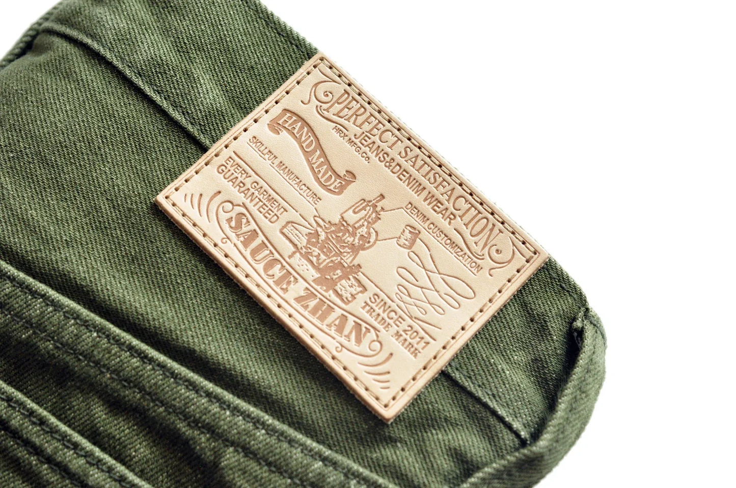 Men Jeans Vulcanization Olive Green 107 Selvedge Denim Jeans Men Washed Slim Fit 14 Oz Zipper Fly