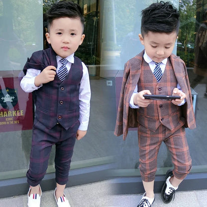 5Pcs Kids Boys Gentleman Suit Plaid Formal Attire Jacket Coat+Pants+T-Shirt+Vest+Tie Outfit Birthday Party Clothes