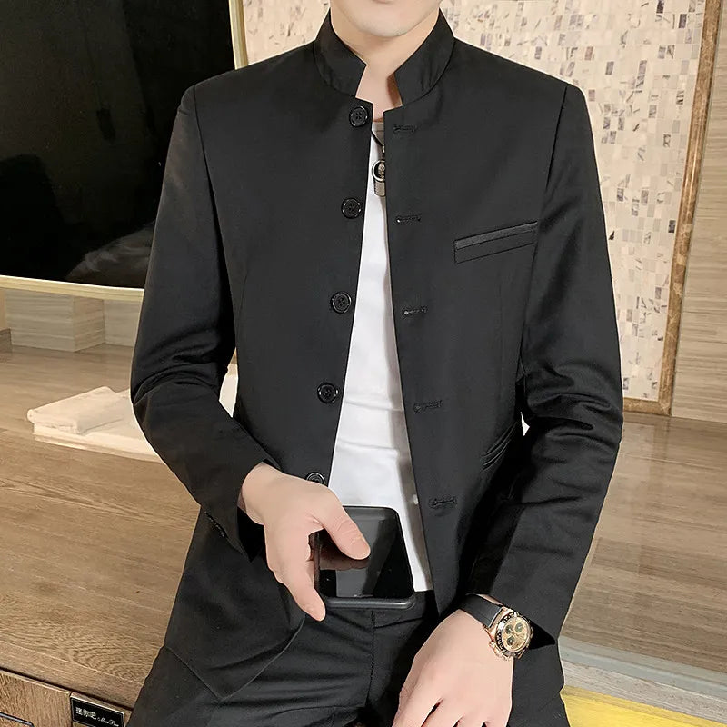2026 New Men's Black Blazers Coat, Masculino Single Breasted Stand Up Collar Men Long-Sleeved Terno Jacket, Blue Red Overcoat