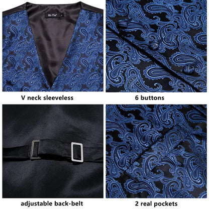 Luxury Gold Black Mens Vests Print Jacquard Waistcoat Tie Hanky Cufflinks Brooch Set for Men Wedding Formal Business Hi-Tie
