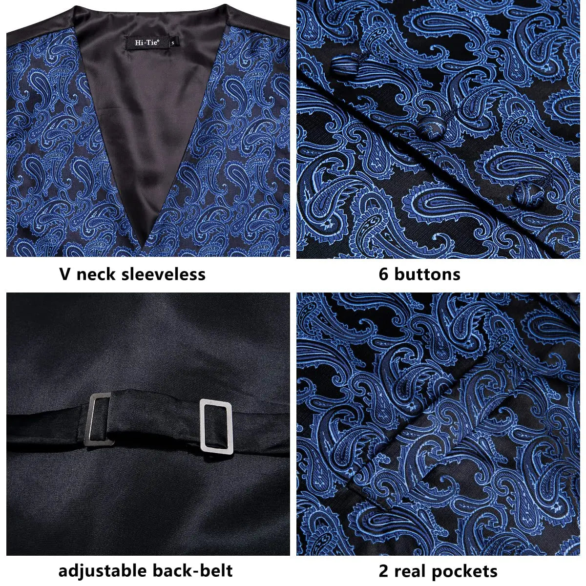 Luxury Mens Vests Black Gold Floral Jacquard Waistcoat Tie Hanky Cufflinks Brooch Set for Men Suit Wedding Office XL