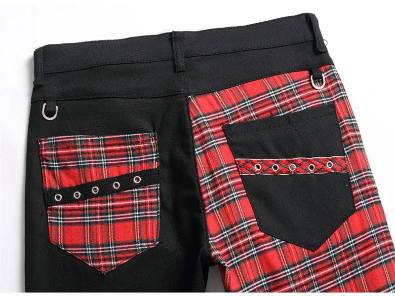 Men Punk Jeans Trendy Scotland Plaid Tartan Black Denim Pants Streetwear Rivet Patchwork Spliced Slim Straight Trousers
