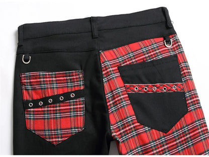 Men Punk Jeans Trendy Scotland Plaid Tartan Black Denim Pants Streetwear Rivet Patchwork Spliced Slim Straight Trousers