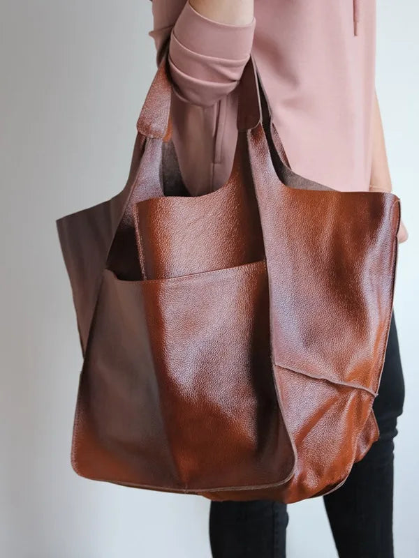 Casual Soft Large Capacity Tote Women Handbags Designer Aged Metal Look Luxury Pu Leather Shoulder Bag Retro Big Shopper Purses