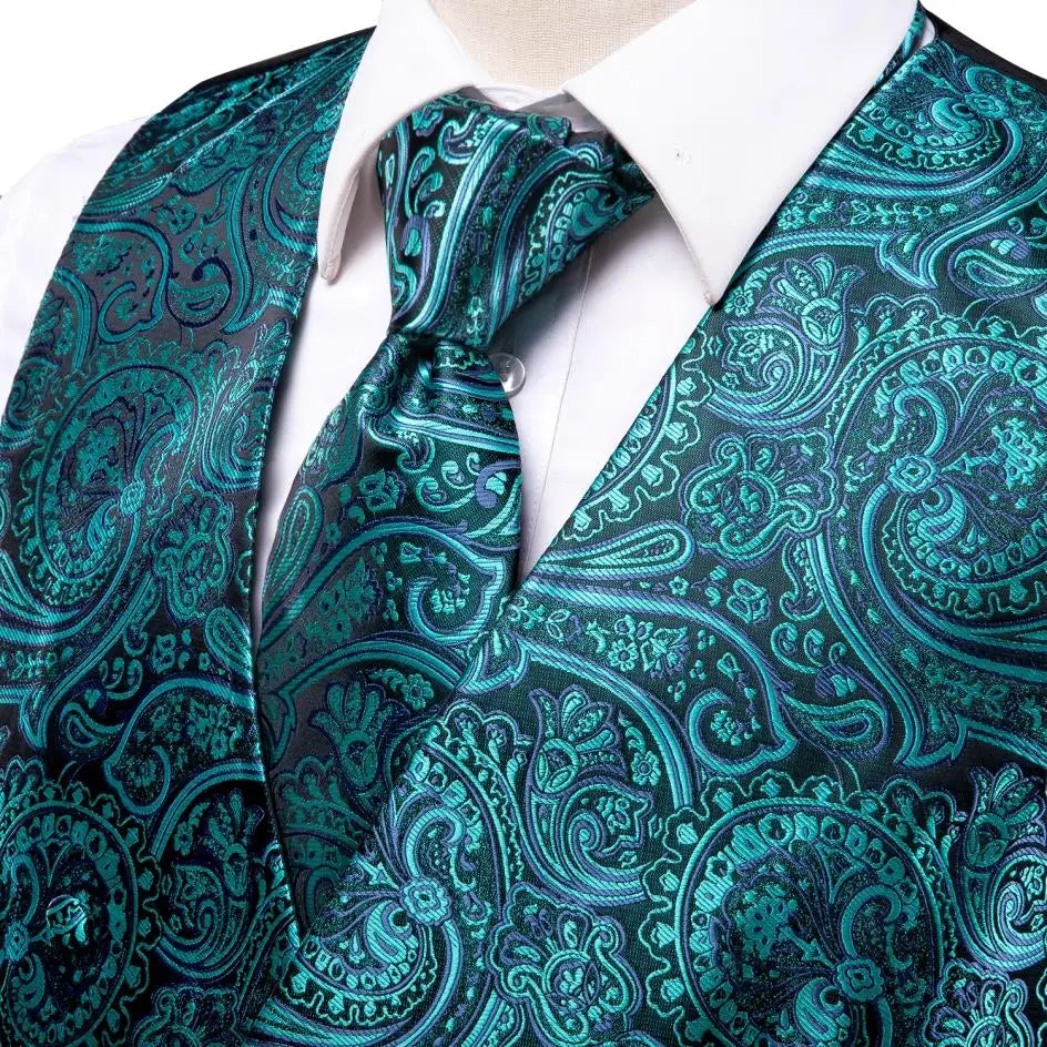 Silk Men's Vests and Tie Business Formal Dresses Slim Vest 4PC Necktie Hanky cufflinks for Suit Blue Paisley Floral Waistcoat