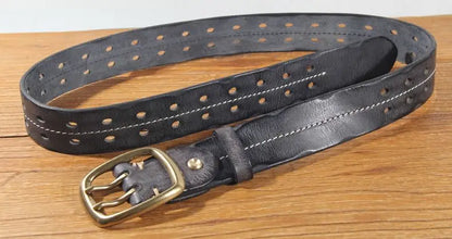 Vintage Men's 3.8cm Wide Double Breasted Belt 100% Cowhide Double Prong Buckle Handmade Heavy Duty Belt Fashion Jeans Belt Brown
