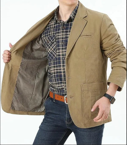 Men's Washable Fabric Single Breasted Button Blazers Business Suit Loose Military Jackets Outwear