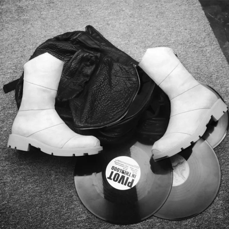Punk Style Zipper Men Genuine Leather High-Top Sneakers Street Round Toe Winter Warm Platform Boots Black Motorcycle Botas Male