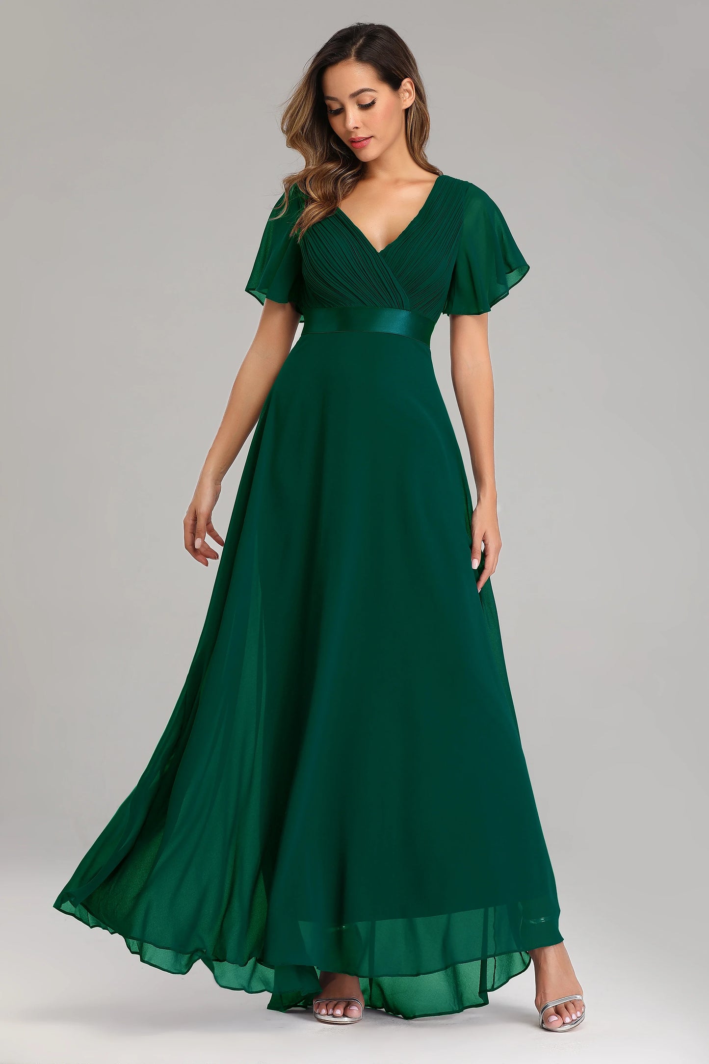 Evening Dresses Elegant V-Neck Ruffles Chiffon Formal Evening Gown  Robe Vestidos De Fiesta Dress for Wedding Party