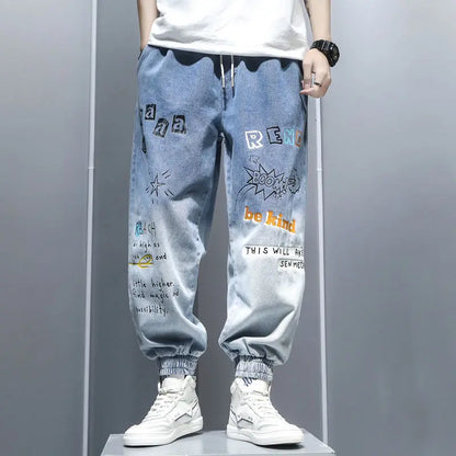 Printing Jeans Men's Gradient Hip Hop Trousers Harem Cartoon Loose Casual Ankle Banded Pants Cargo Denim Jeans Fashion