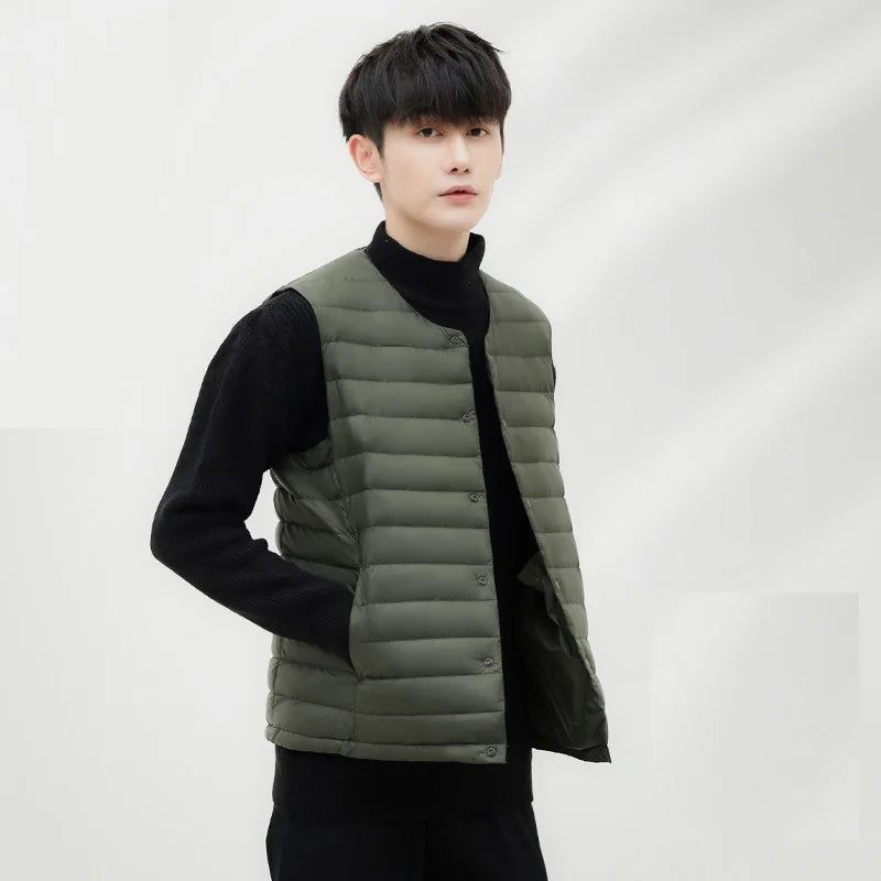 Men Down Vest Ultra Light Down Vest Portable V-neck Sleeveless Coat Man Winter Without Collar Warm Liner