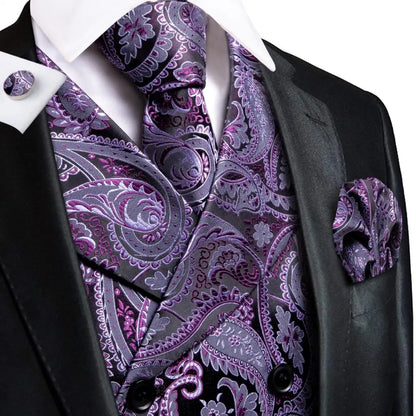 Silk Men's Vests and Tie Business Formal Dresses Slim Vest 4PC Necktie Hanky cufflinks for Suit Blue Paisley Floral Waistcoat