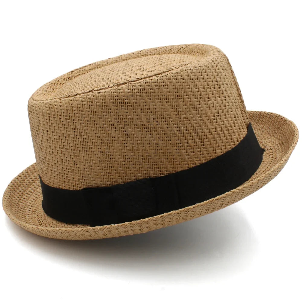 Men Women Classical Straw Pork Pie Hats Fedora Sunhats Trilby Caps Summer Boater Beach Outdoor Travel Party Size US 7 1/4 UK L
