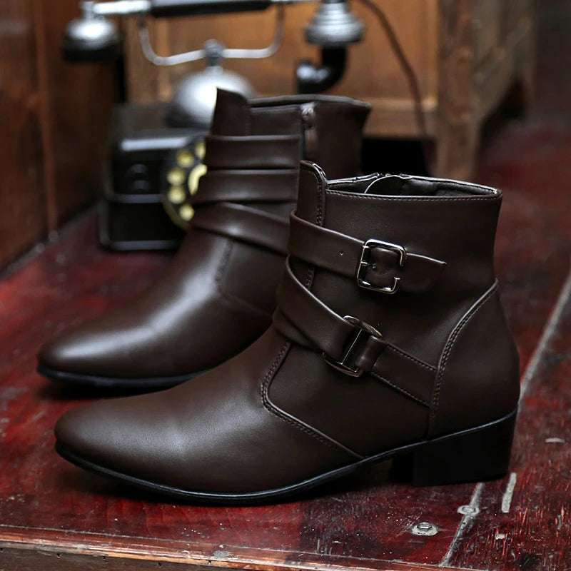 Fashion Men Spring Autumn Pointed Toe Height Increase Chelsea Ankle Boots Western High Top Casual Shoe PU Leather