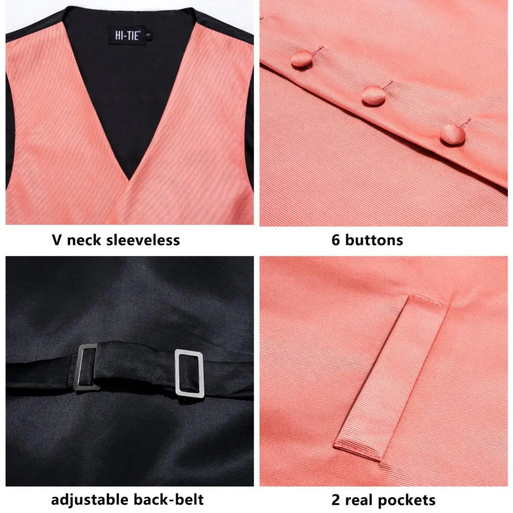 Luxury Silk Mens Vests Rose Gold Pink Striped Waistcoat Necktie Bowtie Hanky Cufflinks Set Waist Jacket For Men Wedding