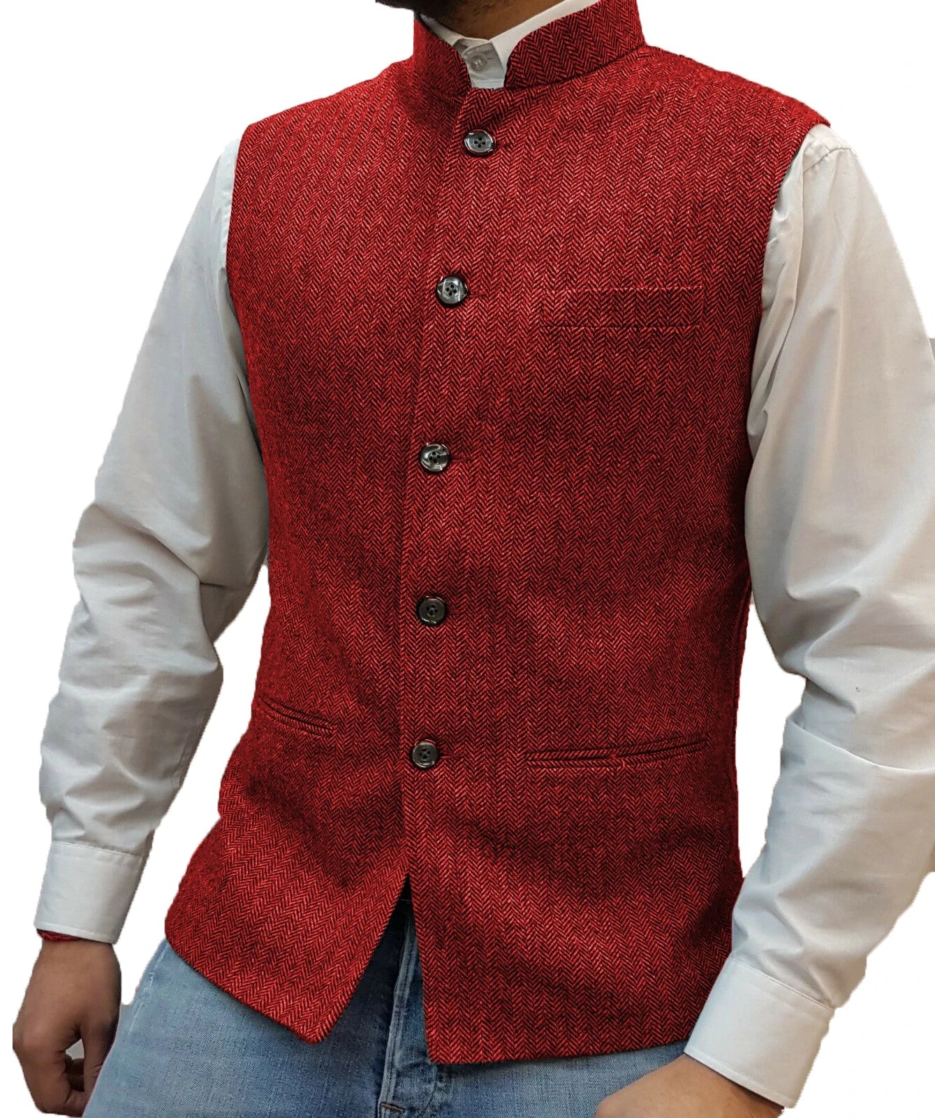 Men's Suit Vest Elegant Sleeveless Stand Collar Business Button Slim Fit Herringbone Waistcoat For Wedding