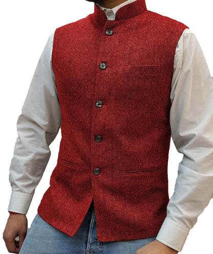 Men's Suit Vest Elegant Sleeveless Stand Collar Business Button Slim Fit Herringbone Waistcoat For Wedding