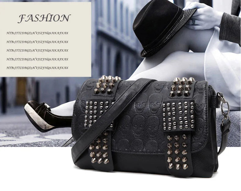 Women Black Leather Messenger Bags Single Skull Rivet Shoulder Bags Sac A Main Bolsa Black Vintage Sexy Bag Lady Drop