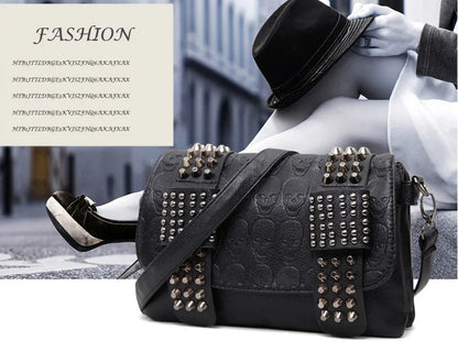 Women Black Leather Messenger Bags Single Skull Rivet Shoulder Bags Sac A Main Bolsa Black Vintage Sexy Bag Lady Drop