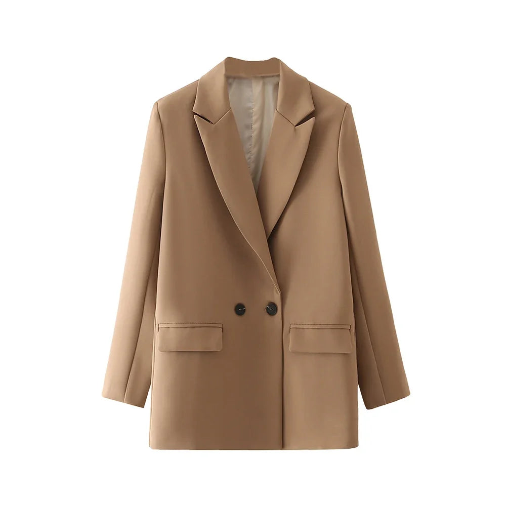 Women Chic Office Lady Double Breasted Blazer Vintage Coat Fashion Notched Collar Long Sleeve Ladies Outerwear Stylish Tops
