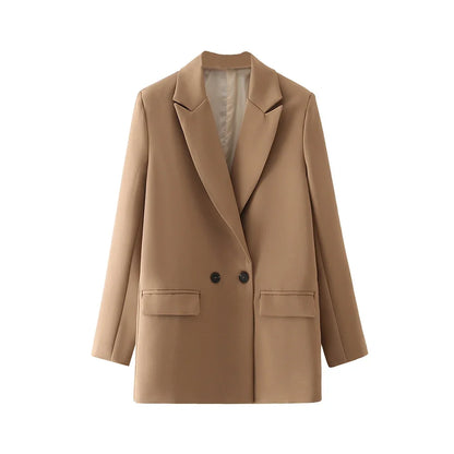 Women Chic Office Lady Double Breasted Blazer Vintage Coat Fashion Notched Collar Long Sleeve Ladies Outerwear Stylish Tops