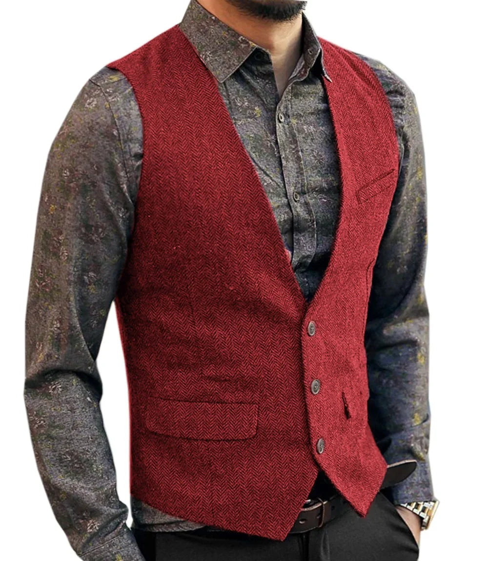 Men's V-Neck Suit Vests Fashion Formal Slim Fit Business Herringbone Dress Waistcoat for Tuxedo Wedding Party
