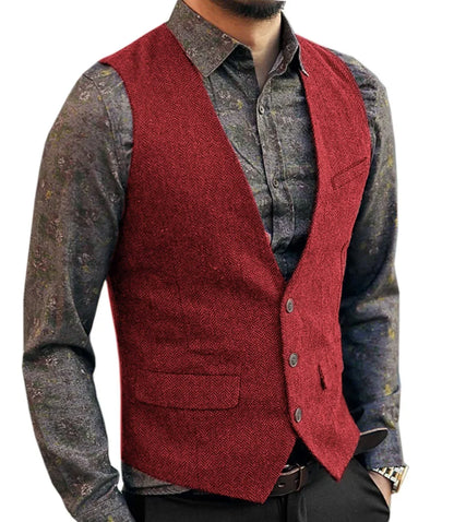 Men's V-Neck Suit Vests Fashion Formal Slim Fit Business Herringbone Dress Waistcoat for Tuxedo Wedding Party