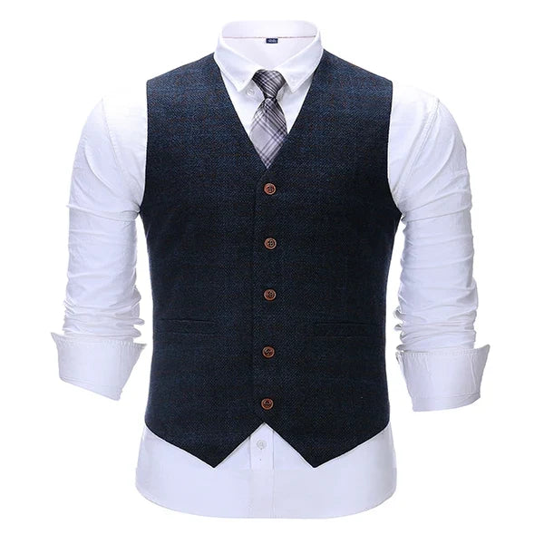 Men's Vintage Plaid Suit Vest Tweed Wool Waistcoat for Groomsmen for Wedding