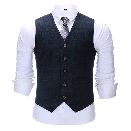 Men's Vintage Plaid Suit Vest Tweed Wool Waistcoat for Groomsmen for Wedding