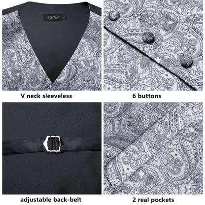 Navy Blue Mens Vest Formal Paisley Waistcoat Jacket Tie Handkerchief Cufflinks Set For Male Dress Suit Wedding Party