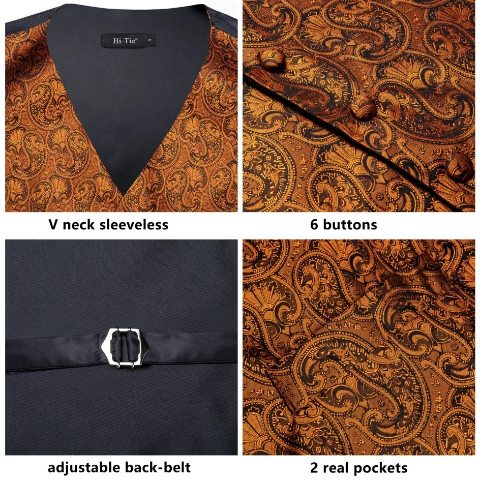 Luxury Gold Black Mens Vests Print Jacquard Waistcoat Tie Hanky Cufflinks Brooch Set for Men Wedding Formal Business Hi-Tie