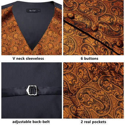 Luxury Mens Vests Black Gold Floral Jacquard Waistcoat Tie Hanky Cufflinks Brooch Set for Men Suit Wedding Office XL